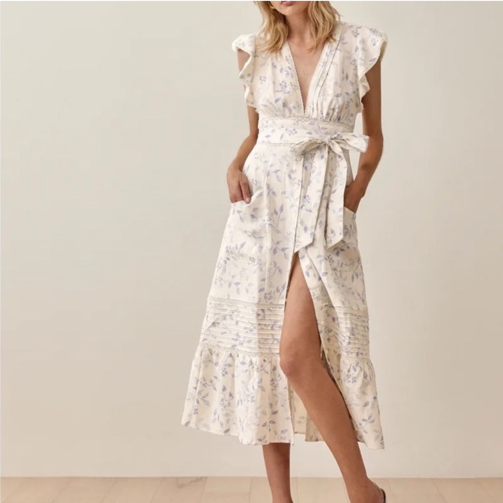 Reformation Cream Midi Dress with Pale Blue Floral Print